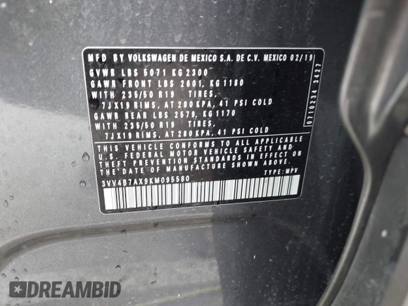 2019 Volkswagen Tiguan SEL Premium with VIN 3VV4B7AX9KM095580, listed as a IAAI auction lot 41915639 with 67,440 mi miles and . Bid and sale history available at DreamBid. Image 9.