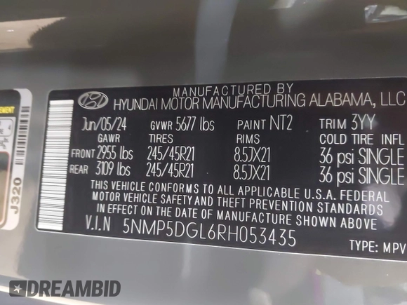 2024 Hyundai Santa Fe Calligraphy with VIN 5NMP5DGL6RH053435, listed as a IAAI auction lot 42789004 with 15,643 mi miles and . Bid and sale history available at DreamBid. Image 9.