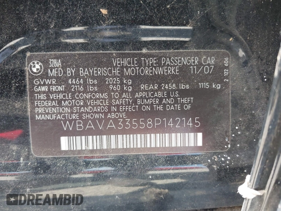 2008 BMW 3 Series 328i with VIN WBAVA33558P142145, listed as a IAAI auction lot 42182673 with Not provided miles and . Bid and sale history available at DreamBid. Image 9.