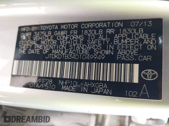 2013 Toyota Prius One z VIN JTDKDTB34D1049949, wystawiony jako IAAI lot #42246438 z przebiegiem 68 203 mil mil oraz . Historia ofert i sprzedaży dostępna na DreamBid. Obrazek 9.