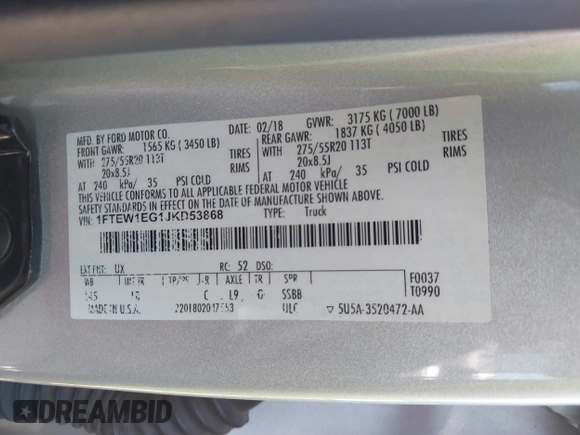 2018 Ford F-150 XL with VIN 1FTEW1EG1JKD53868, listed as a IAAI auction lot 41808028 with 117,568 mi miles and . Bid and sale history available at DreamBid. Image 9.
