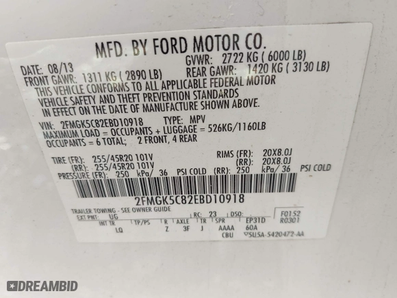 2014 Ford Flex SEL with VIN 2FMGK5C82EBD10918, listed as a IAAI auction lot 41966299 with 163,857 mi miles. Bid and sale history available at carsss.com. Image 9.