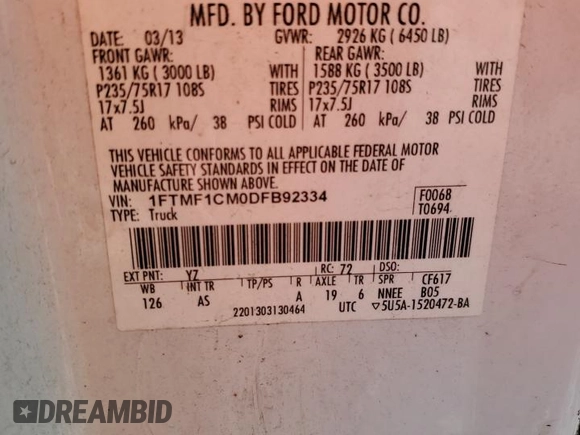 2013 Ford F-150 XL z VIN 1FTMF1CM0DFB92334, wystawiony jako Copart lot #60467615 z przebiegiem Nie podano mil oraz Szkoda całkowita • Salvage title. Historia ofert i sprzedaży dostępna na DreamBid. Obrazek 12.