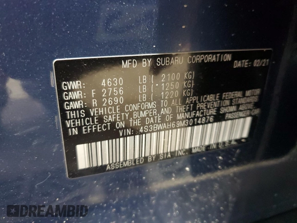 2021 Subaru Legacy Sport with VIN 4S3BWAH69M3014876, listed as a Copart auction lot 49334075 with 22,310 mi miles and Salvage Title. Bid and sale history available at carsss.com. Image 13.