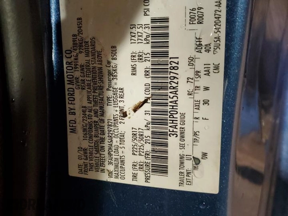 2010 Ford Fusion SE with VIN 3FAHP0HA5AR297821, listed as a Copart auction lot 47209345 with 153,668 mi miles and Salvage Title. Bid and sale history available at DreamBid. Image 14.