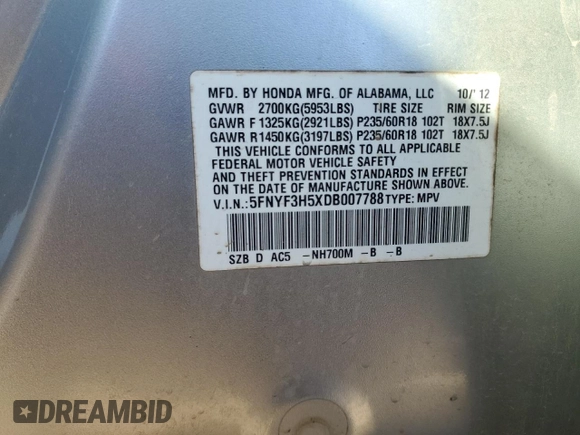 2013 Honda Pilot EX-L with VIN 5FNYF3H5XDB007788, listed as a Copart auction lot 46915235 with 155,767 mi miles and Salvage Title. Bid and sale history available at DreamBid. Image 15.