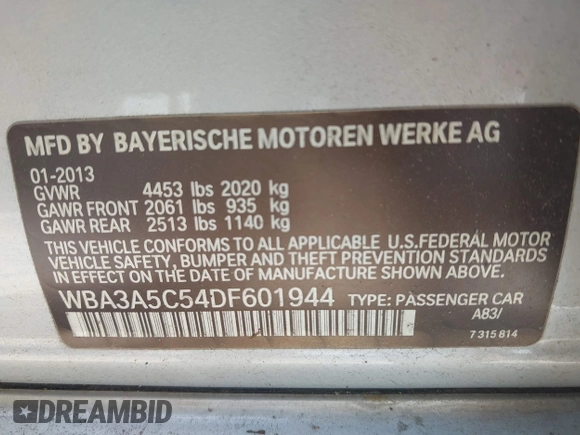 2013 BMW 3 Series 328i with VIN WBA3A5C54DF601944, listed as a IAAI auction lot 42430888 with 137,843 mi miles and . Bid and sale history available at DreamBid. Image 9.