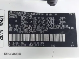 2012 Toyota Sienna with VIN 5TDZK3DCXCS271365, listed as a IAAI auction lot 38121628 with 101,756 mi miles and . Bid and sale history available at DreamBid. Image 9.
