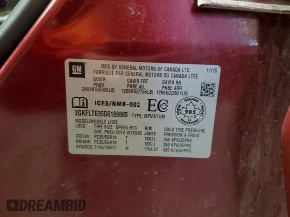 2016 GMC Terrain SLE with VIN 2GKFLTE35G6189885, listed as a Copart auction lot 47382855 with 168,625 mi miles and Salvage Title. Bid and sale history available at DreamBid. Image 13.