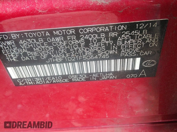 2015 Lexus IS 250 с VIN JTHBF1D21F5064745, выставлен на аукционе IAAI как лот 42435635 с пробегом 149 220 миль миль и . История ставок и продаж доступна на DreamBid. Изображение 9.