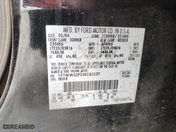 2004 Ford Super Duty F-350 DRW XL with VIN 1FTWW33P24EC83237, listed as a Copart auction lot 48966245 with 164,781 mi miles and Salvage Title. Bid and sale history available at carsss.com. Image 14.