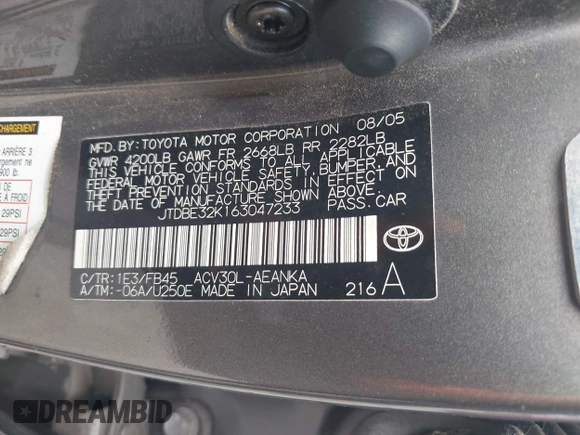 2006 Toyota Camry STD with VIN JTDBE32K163047233, listed as a IAAI auction lot 42088552 with 137,973 mi miles. Bid and sale history available at carsss.com. Image 9.