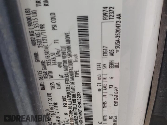 2015 Ford Transit Cargo with VIN 1FTNR1ZM6FKB03203, listed as a Copart auction lot 52717225 with 230,136 mi miles and Salvage title. Bid and sale history available at DreamBid. Image 13.