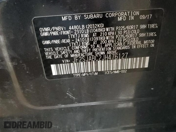2018 Subaru Forester z VIN JF2SJABC2JH476127, wystawiony jako Copart lot #56340535 z przebiegiem 155 946 mil mil oraz Szkoda całkowita • Salvage title. Historia ofert i sprzedaży dostępna na DreamBid. Obrazek 12.