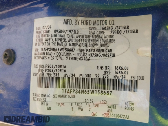 2005 Ford Focus S with VIN 1FAFP34N65W158687, listed as a IAAI auction lot 42706418 with Not provided miles and . Bid and sale history available at DreamBid. Image 9.