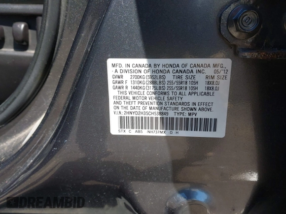 2012 Acura MDX Tech Pkg with VIN 2HNYD2H35CH538849, listed as a IAAI auction lot 42052860 with 173,052 mi miles. Bid and sale history available at carsss.com. Image 9.