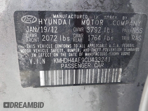 2012 Hyundai Elantra Limited with VIN KMHDH4AE9CU433241, listed as a IAAI auction lot 41834749 with 223,033 mi miles. Bid and sale history available at carsss.com. Image 9.