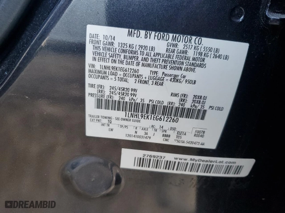 2014 Lincoln MKS with VIN 1LNHL9EK1EG612260, listed as a Copart auction lot 43759825 with 89,746 mi miles and Salvage Title. Bid and sale history available at carsss.com. Image 12.