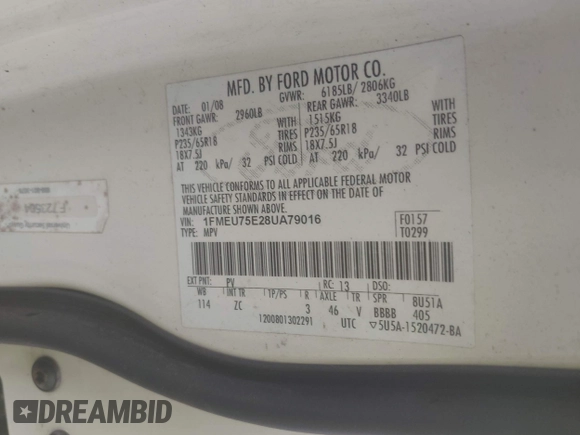 2008 Ford Explorer Limited with VIN 1FMEU75E28UA79016, listed as a IAAI auction lot 42796880 with 155,098 mi miles and . Bid and sale history available at DreamBid. Image 9.