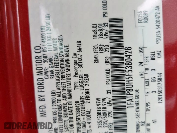 2015 Ford Mustang EcoBoost Premium with VIN 1FATP8UH5F5380428, listed as a Copart auction lot 58417675 with 91,201 mi miles and Salvage title. Bid and sale history available at DreamBid. Image 12.