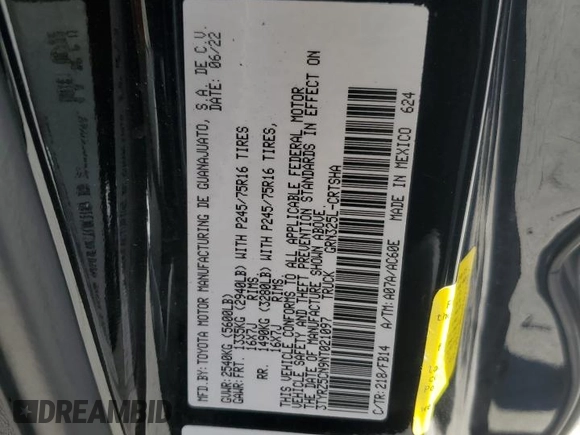 2022 Toyota Tacoma SR с VIN 3TYRZ5CN9NT021097, выставлен на аукционе Copart как лот 48436885 с пробегом 52 572 миль миль и Списание • Salvage title. История ставок и продаж доступна на DreamBid. Изображение 12.