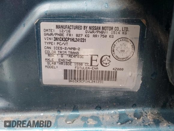 2017 Nissan Micra S with VIN 3N1CK3CP1HL241231, listed as a Copart auction lot 52914835 with 109,110 mi miles and Salvage Title. Bid and sale history available at DreamBid. Image 12.