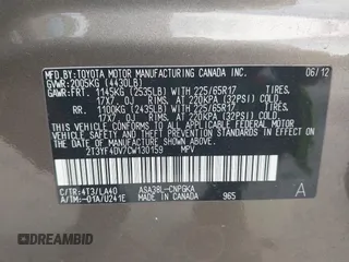 2012 Toyota RAV4 Limited with VIN 2T3YF4DV7CW130159, listed as a IAAI auction lot 42492697 with 135,458 mi miles and . Bid and sale history available at DreamBid. Image 9.