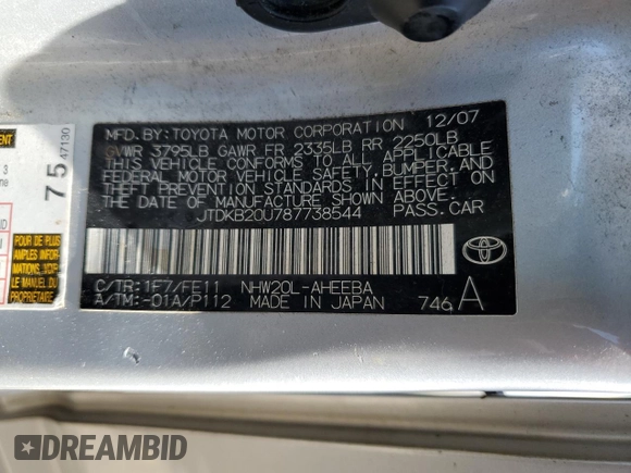 2008 Toyota Prius z VIN JTDKB20U787738544, wystawiony jako Copart lot #51030045 z przebiegiem Nie podano mil oraz Czysty tytuł • Clean title. Historia ofert i sprzedaży dostępna na DreamBid. Obrazek 12.