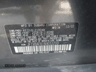 2022 Subaru WRX Premium with VIN JF1VBAF61N9032210, listed as a IAAI auction lot 42037353 with 33,886 mi miles and . Bid and sale history available at DreamBid. Image 9.