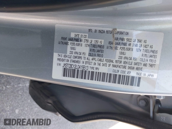 2020 Mazda CX-9 Touring with VIN JM3TCBCY2L0415513, listed as a IAAI auction lot 42481543 with 47,294 mi miles and . Bid and sale history available at DreamBid. Image 9.