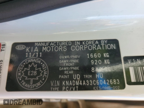 2012 Kia Rio LX with VIN KNADM4A33C6042683, listed as a Copart auction lot 68713644 with 0 mi miles and Clean Title. Bid and sale history available at carsss.com. Image 12.