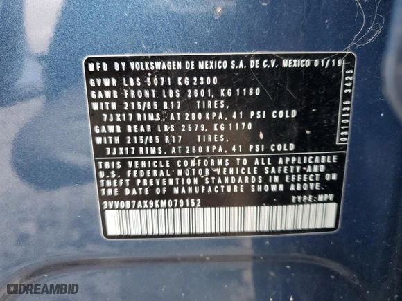 2019 Volkswagen Tiguan S with VIN 3VV0B7AX9KM079152, listed as a Copart auction lot 46276784 with 44,161 mi miles and Non Repairable. Bid and sale history available at carsss.com. Image 13.