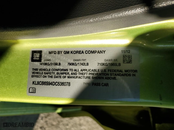 2013 Chevrolet Spark LS with VIN KL8CB6S94DC536078, listed as a Copart auction lot 48231305 with 71,340 mi miles and Salvage Title. Bid and sale history available at carsss.com. Image 13.