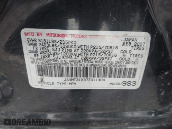 2007 Mitsubishi Outlander LS z VIN JA4MT31X37Z011404, wystawiony jako IAAI lot #42002468 z przebiegiem 154 798 mil mil oraz . Historia ofert i sprzedaży dostępna na DreamBid. Obrazek 9.