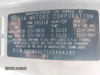 2012 Kia Sedona LX with VIN KNDMG4C71C6494271, listed as a IAAI auction lot 42194375 with 96,404 mi miles and . Bid and sale history available at DreamBid. Image 9.