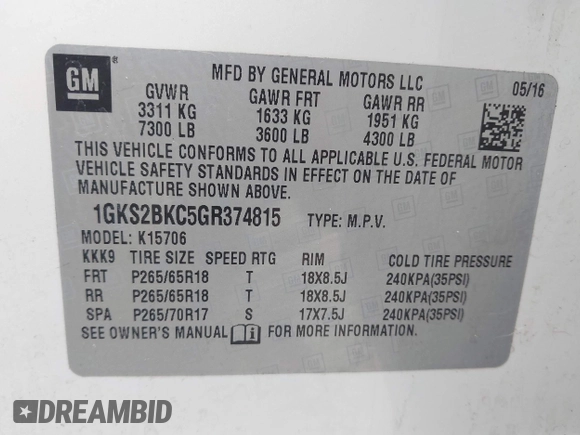 2016 GMC Yukon SLT with VIN 1GKS2BKC5GR374815, listed as a IAAI auction lot 41889495 with 163,464 mi miles. Bid and sale history available at carsss.com. Image 9.