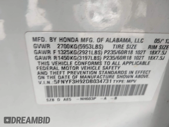 2013 Honda Pilot Touring with VIN 5FNYF3H92DB034731, listed as a IAAI auction lot 42049853 with 127,278 mi miles and . Bid and sale history available at DreamBid. Image 9.