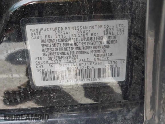 2017 Nissan Sentra S with VIN 3N1AB7AP9HY243569, listed as a IAAI auction lot 41822263 with 127,475 mi miles and . Bid and sale history available at carsss.com. Image 9.
