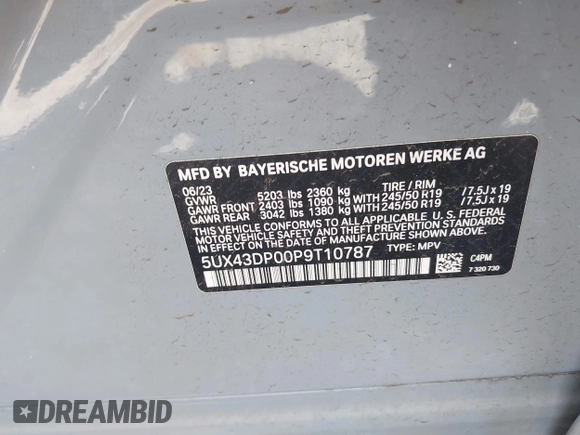 2023 BMW X3 sDrive30i z VIN 5UX43DP00P9T10787, wystawiony jako IAAI lot #41457131 z przebiegiem 20 123 mil mil oraz . Historia ofert i sprzedaży dostępna na DreamBid. Obrazek 9.