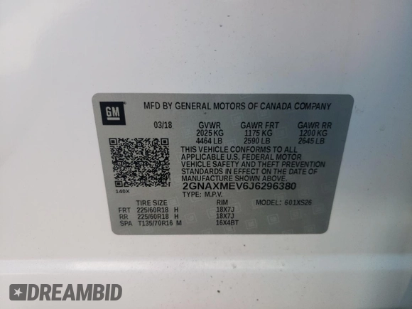 2018 Chevrolet Equinox Premier with VIN 2GNAXMEV6J6296380, listed as a Copart auction lot 50773395 with 93,877 mi miles and Salvage Title. Bid and sale history available at carsss.com. Image 13.