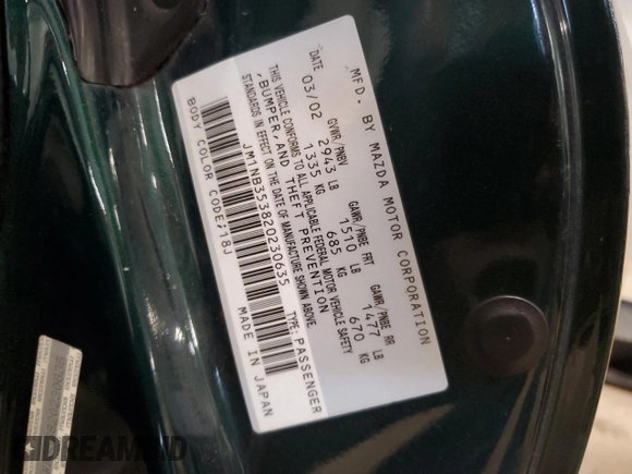 2002 Mazda MX-5 Miata Cloth z VIN JM1NB353820230635, wystawiony jako Copart lot #47834345 z przebiegiem 149 549 mil mil oraz Nie do naprawy • Non repairable. Historia ofert i sprzedaży dostępna na DreamBid. Obrazek 12.