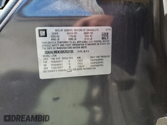 2013 GMC Terrain SLE с VIN 2GKALMEK5D6253135, выставлен на аукционе Copart как лот 56204355 с пробегом 192 403 миль миль и Списание • Salvage title. История ставок и продаж доступна на DreamBid. Изображение 13.