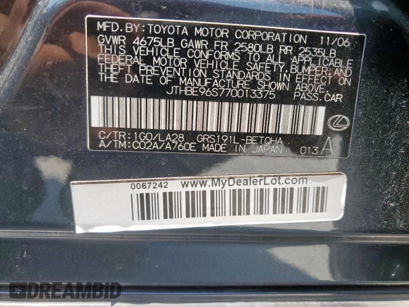 2007 Lexus GS 350 z VIN JTHBE96S770013375, wystawiony jako Copart lot #60734215 z przebiegiem 293 457 mil mil oraz Szkoda całkowita • Salvage title. Historia ofert i sprzedaży dostępna na DreamBid. Obrazek 13.