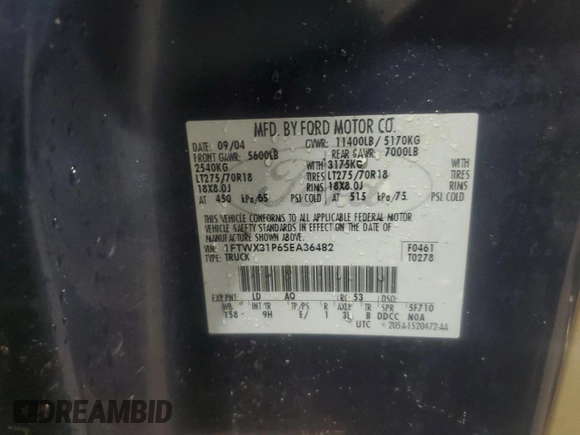 2005 Ford F-350 XL with VIN 1FTWX31P65EA36482, listed as a Copart auction lot 45914955 with 163,918 mi miles and Salvage title. Bid and sale history available at DreamBid. Image 12.