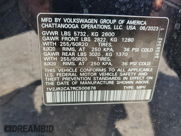 2024 Volkswagen Atlas SE with VIN 1V2JR2CA7RC500676, listed as a Copart auction lot 54150255 with 36,551 mi miles and Salvage title. Bid and sale history available at DreamBid. Image 13.