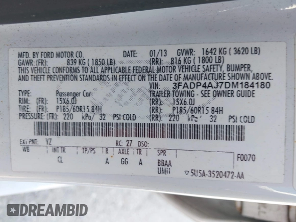 2013 Ford Fiesta S with VIN 3FADP4AJ7DM184180, listed as a IAAI auction lot 42632804 with 176,729 mi miles and . Bid and sale history available at DreamBid. Image 9.