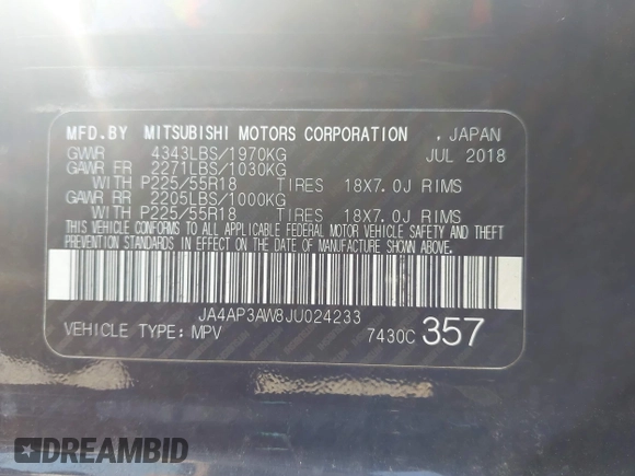 2018 Mitsubishi Outlander SE with VIN JA4AP3AW8JU024233, listed as a IAAI auction lot 42372765 with 104,655 mi miles and . Bid and sale history available at DreamBid. Image 9.