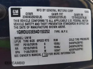 2004 Pontiac Montana z VIN 1GMDU03E84D150252, wystawiony jako IAAI lot #41997132 z przebiegiem 142 880 mil mil oraz . Historia ofert i sprzedaży dostępna na DreamBid. Obrazek 9.