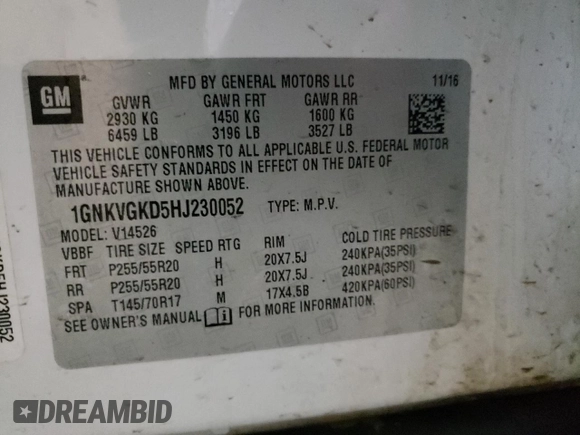 2017 Chevrolet Traverse LT with VIN 1GNKVGKD5HJ230052, listed as a Copart auction lot 43388625 with 122,633 mi miles and Clean Title. Bid and sale history available at DreamBid. Image 13.