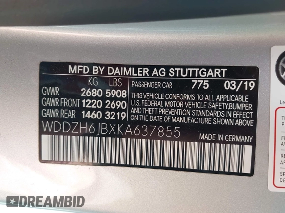 2019 Mercedes-Benz E 450 with VIN WDDZH6JBXKA637855, listed as a IAAI auction lot 41881279 with Not Provided miles and . Bid and sale history available at DreamBid. Image 9.